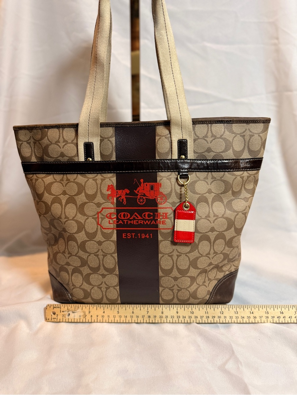Coach Beige Signature Canvas Tote with Brown Trim and Red Logo